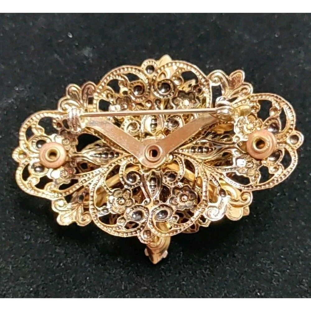 W Germany Dark Amber Oval Flower Brooch With Filagree